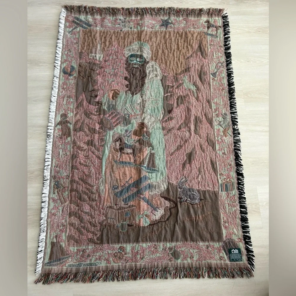 Vtg Goodwin Weavers Old World Santa Woven Blanket Victorian Christmas Throw USA
